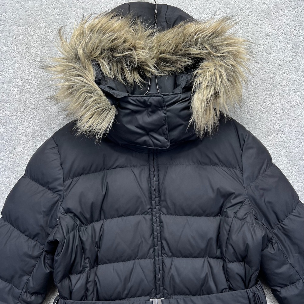 Uniqlo Puffer Parka Jacket Womens Medium Black Down Faux Fur Hood Belted Outdoor - Picture 2 of 16